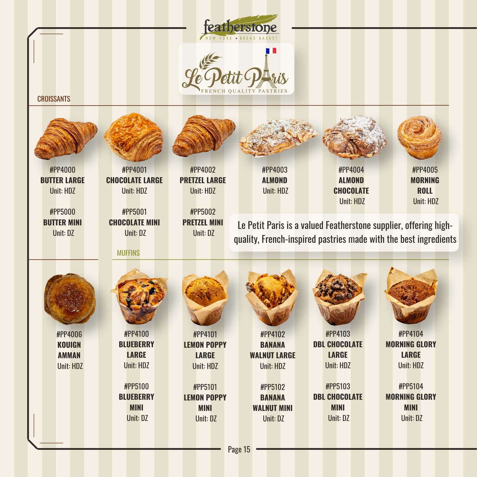 Catalog page featuring croissants and muffins with product codes and units