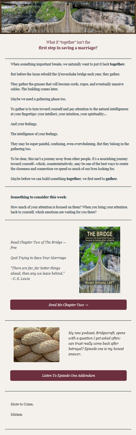 Weekly email for The Bridge, with a rope bridge header, reflection, book promotion and podcast links