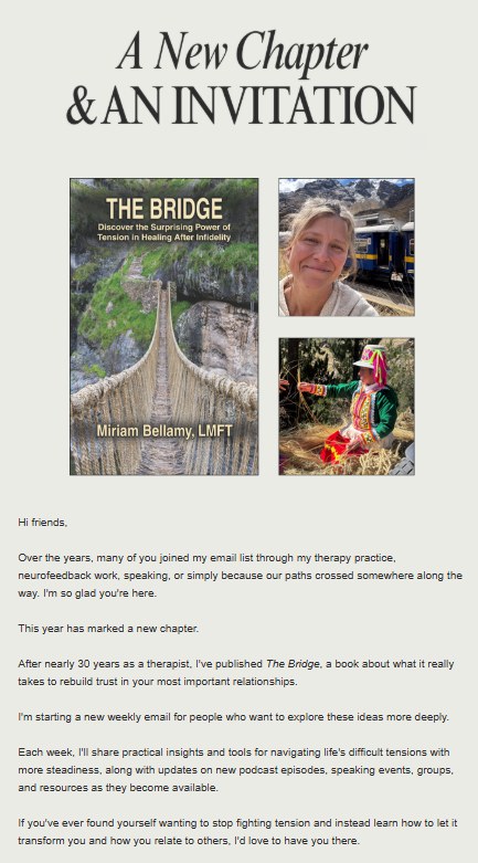 Email campaign announcing a book launch, with headline, photographs and opening letter