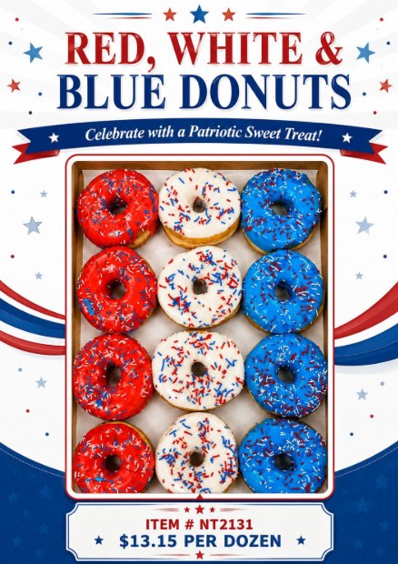 Promotional email for red, white and blue donuts, with product photography, item number and case price