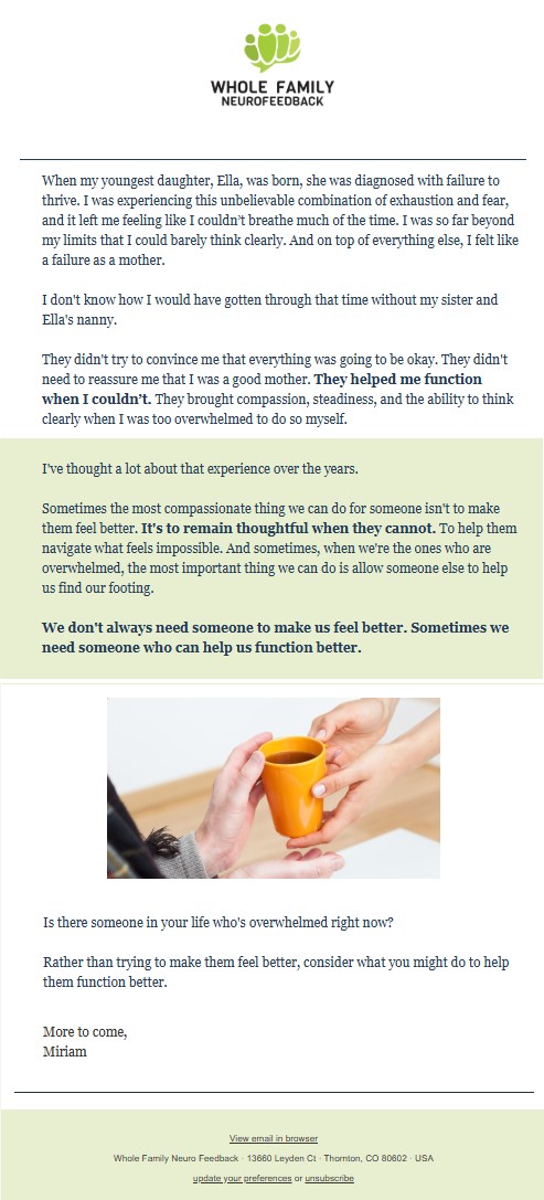 Newsletter for Whole Family Neurofeedback, a personal letter with a photograph of hands passing a cup
